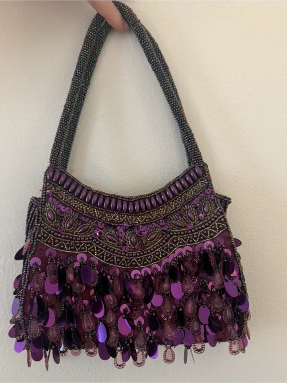 Beaded Sequin Evening Shoulder Bag in Purple
